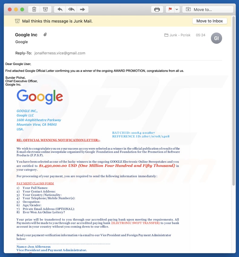 google winner scam email variant 2