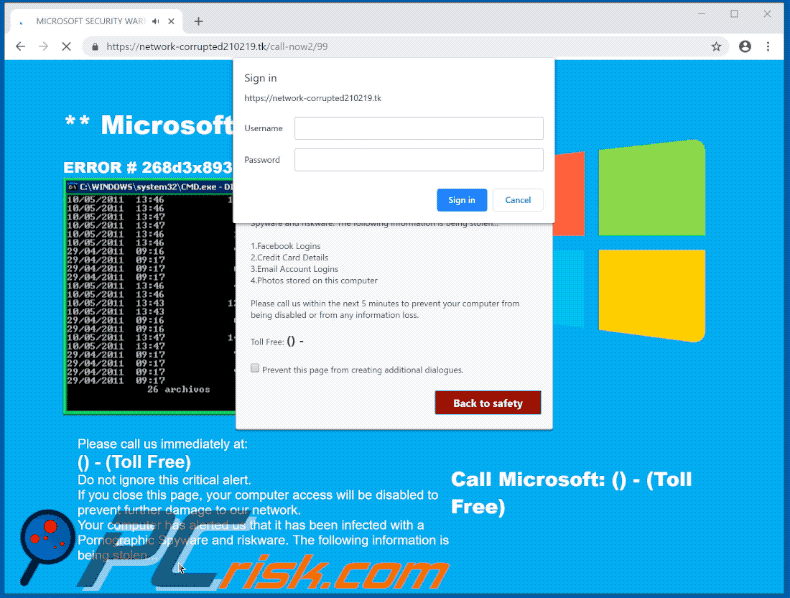 Wariant oszustwa pop-up Microsoft Warning Alert