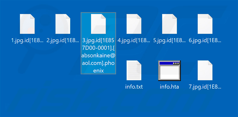 Pliki zaszyfrowane przez ransomware Phoenix-Phobos (rozszerzenie .phoenix)