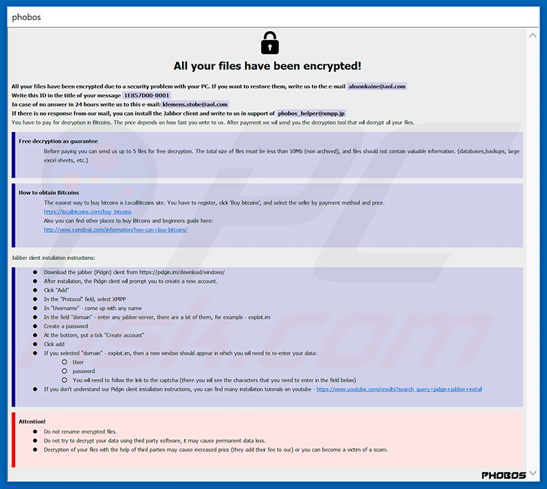Wiadomość z żądaniem okupu ransomware Phoenix-Phobos (info.hta)