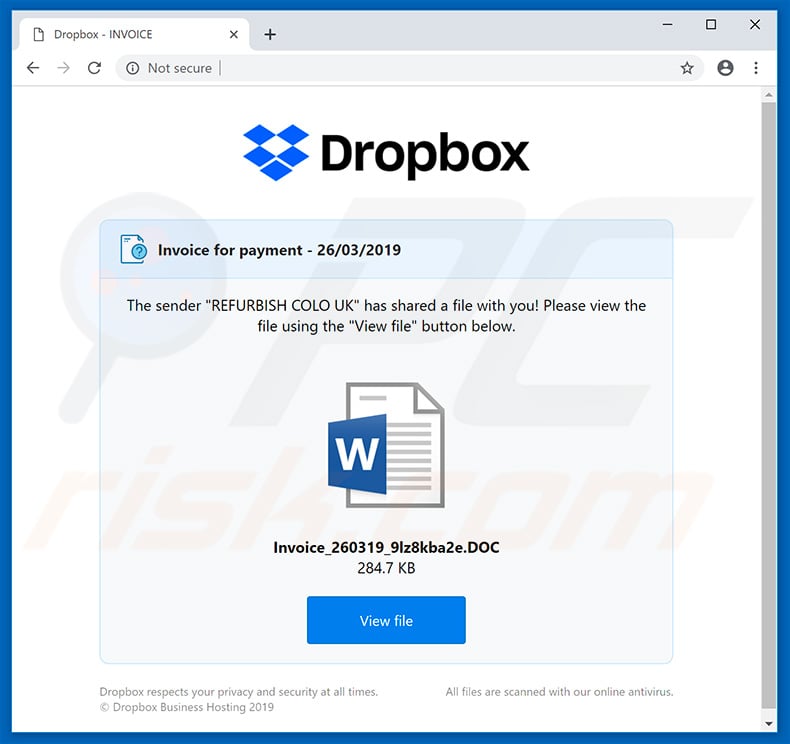 Złośliwy załącznik Tinynuke pobieranie Dropbox