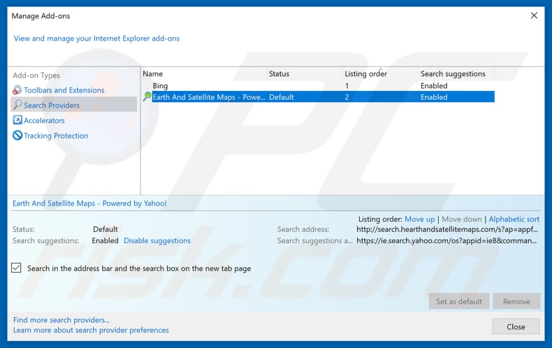 Removing search.hearthandsatellitemaps.com from Internet Explorer default search engine