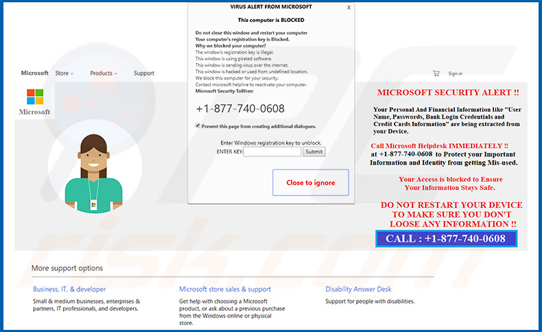 Microsoft Security Alert pop-up scam (sample 2)