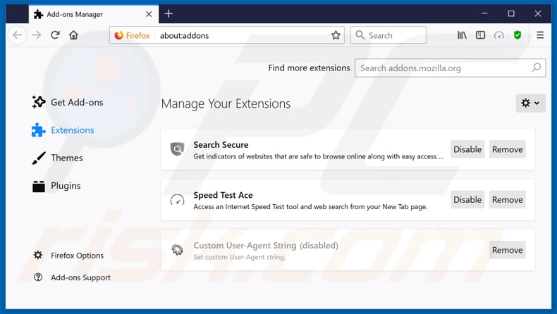 Removing speedtestace.co related Mozilla Firefox extensions