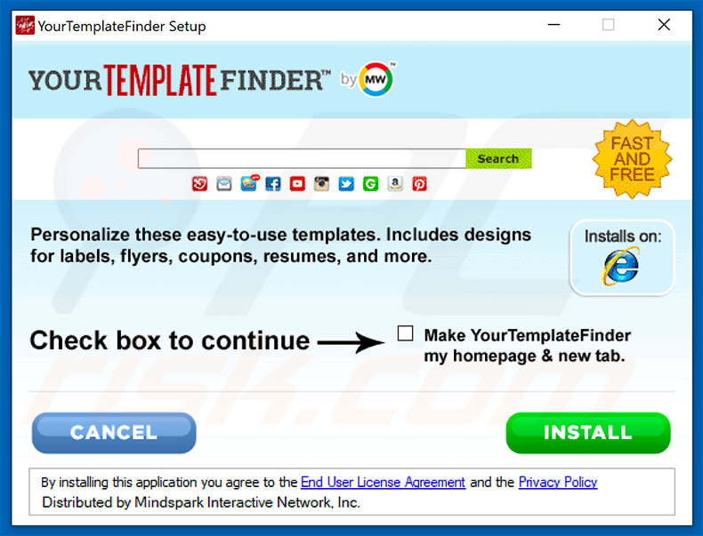 Official YourTemplateFinder browser hijacker installation setup
