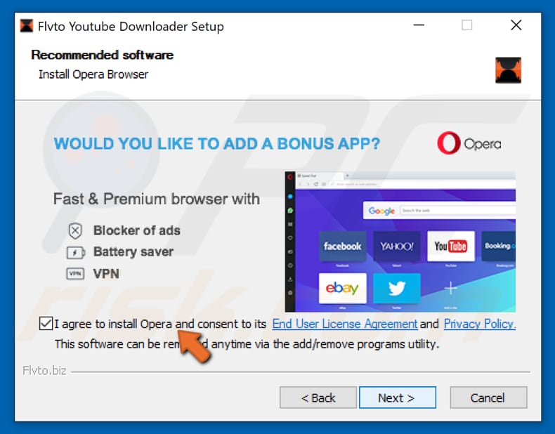 Opera bundled into Flvto Youtube Downloader setup