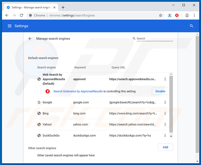 Removing approvedresults.com from Google Chrome default search engine