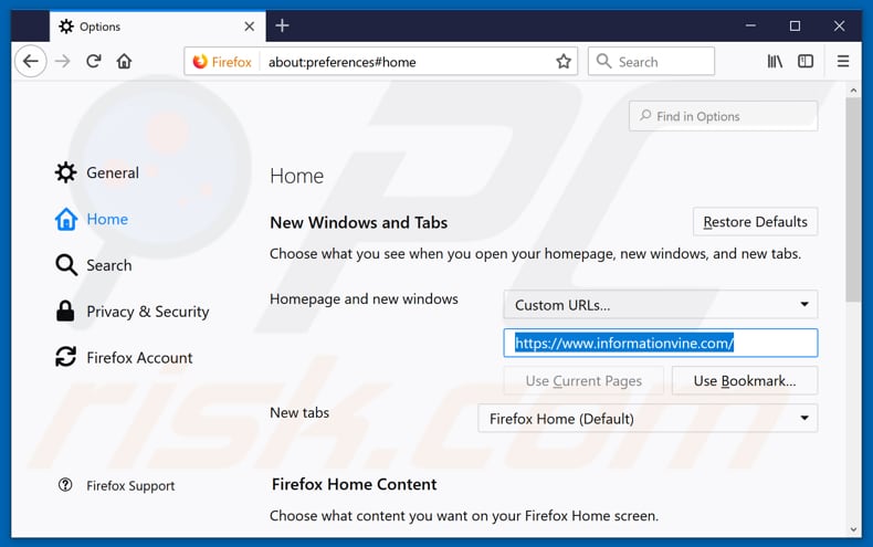 Removing informationvine.com from Mozilla Firefox homepage