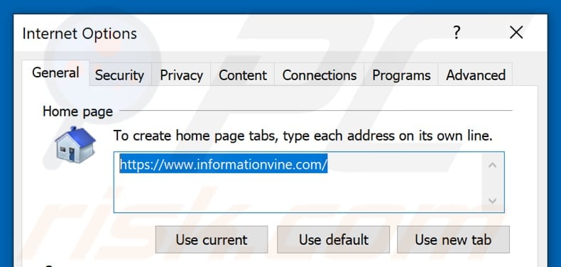 Removing informationvine.com from Internet Explorer homepage