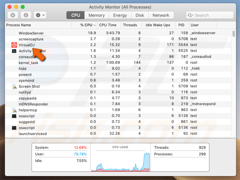 LoudMiner virus running as VirtualDJ application in Activity Monitor