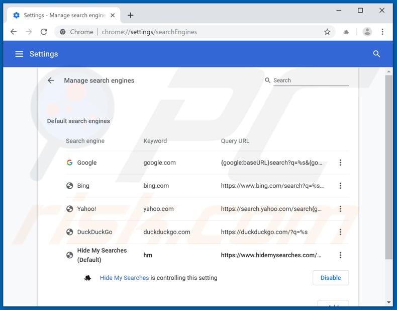 Removing hidemysearches.com from Google Chrome default search engine