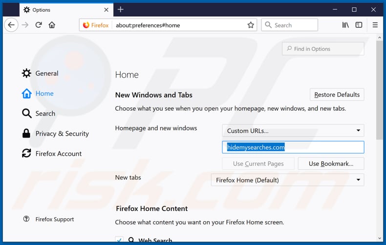 Removing hidemysearches.com from Mozilla Firefox homepage