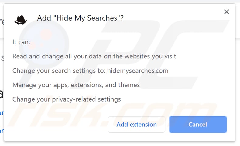hidemysearches.com page asking for various permissions
