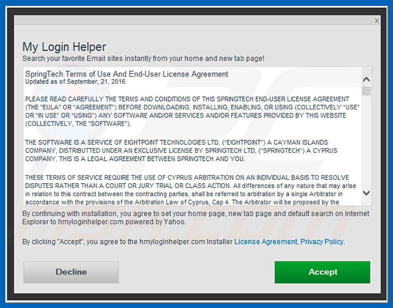 Official My Login Helper browser hijacker installation setup
