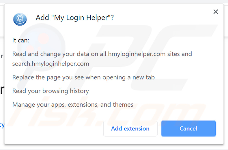 My Login Helper browser hijacker asking for permissions