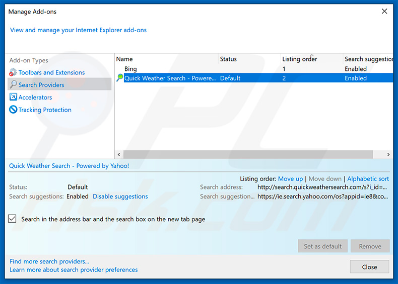 Removing search.quickweathersearch.com from Internet Explorer default search engine