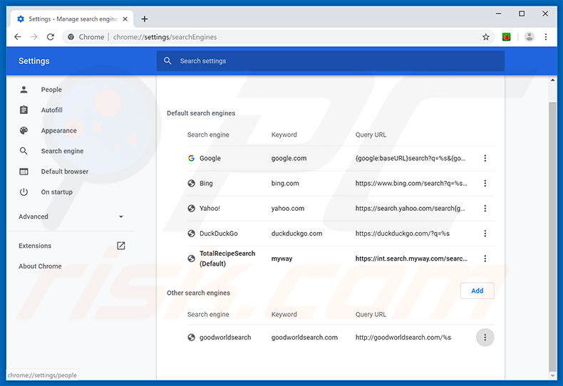 Removing myway.com from Google Chrome default search engine