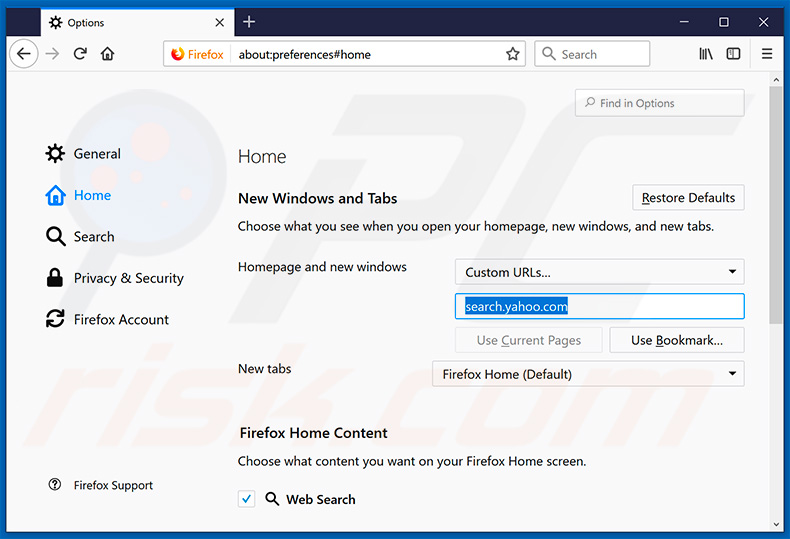 Removing search.yahoo.com from Mozilla Firefox homepage