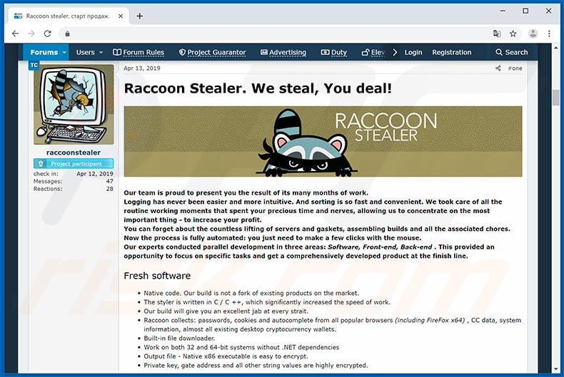 Developers promoting Raccoon Stealer in hacker forum
