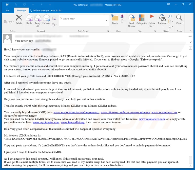 Sextortion Email (Monero) spam campaign