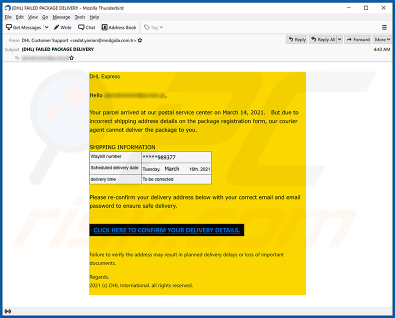 Spam o tematyce DHL Express promujący witrynę phishingową (15.03.2021) 