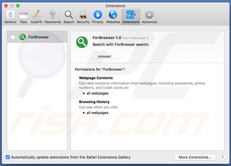 ForBrowser adware installed on Safari