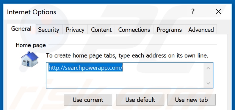 Removing searchpowerapp.com from Internet Explorer homepage