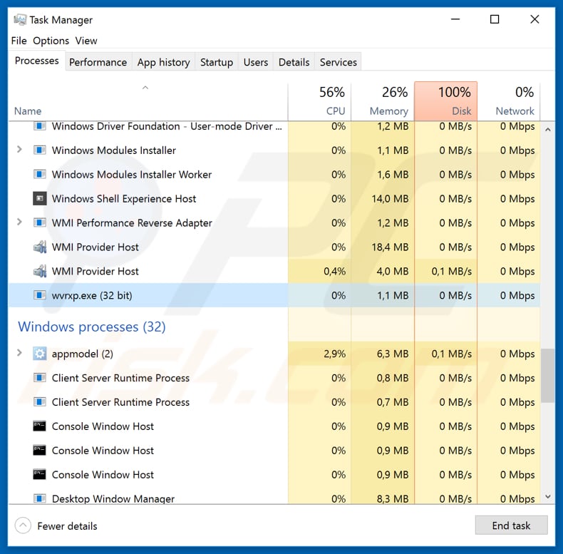 Szkodliwy proces SystemBC działający w Menedżerze zadań jako wvrxp.exe