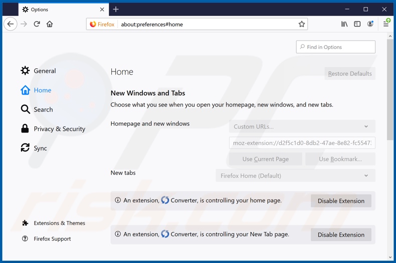 Removing search.betterconverterprotab.com from Mozilla Firefox homepage