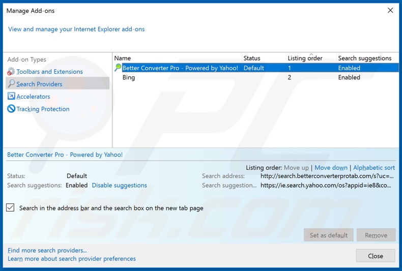 Removing search.betterconverterprotab.com from Internet Explorer default search engine