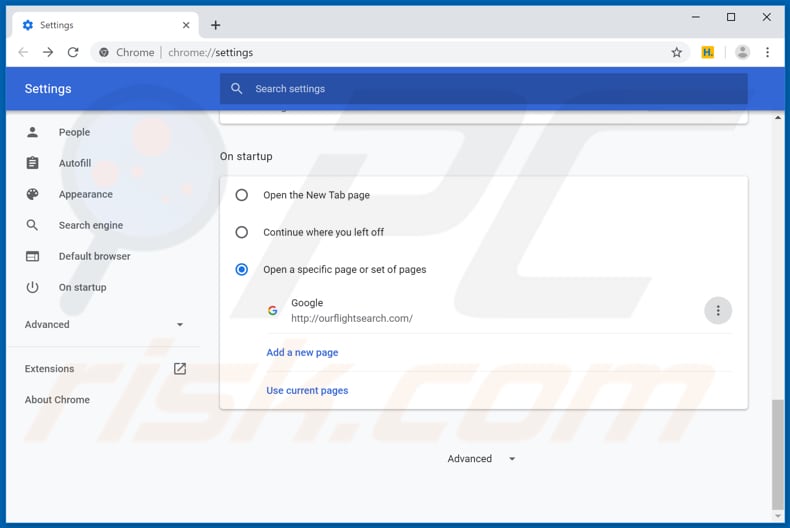Usuwanie ourflightsearch.com ze strony domowej Google Chrome