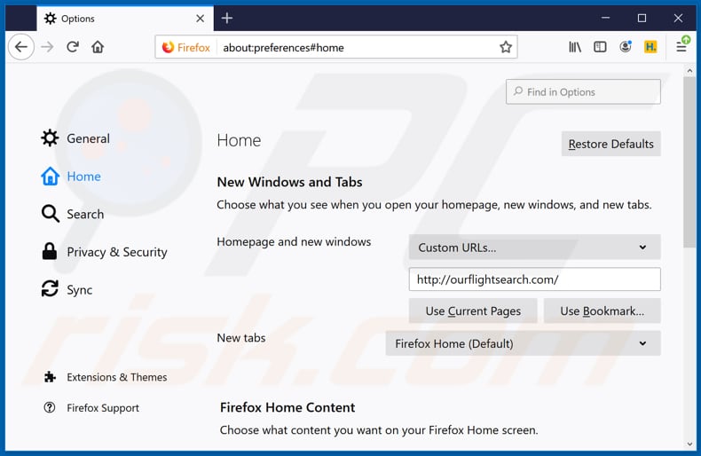 Usuwanie ourflightsearch.com ze strony domowej Mozilla Firefox