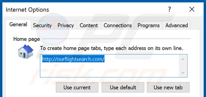 Usuwanie ourflightsearch.com ze strony domowej Internet Explorer