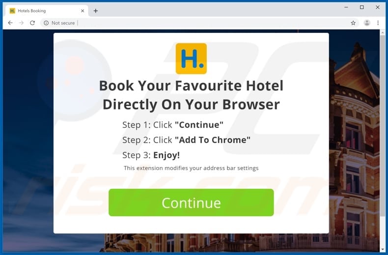 Witryna używana do promowania porywacza przeglądarki Hotels Booking