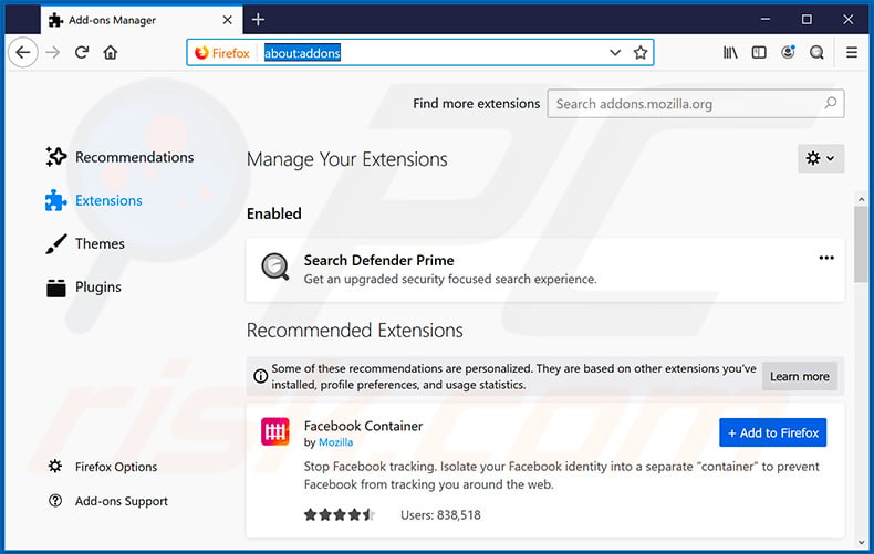 Removing searchdefenderprime.com related Mozilla Firefox extensions