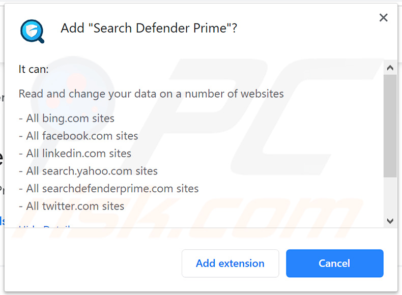 Official Search Defender Prime asking for Google Chrome permissions