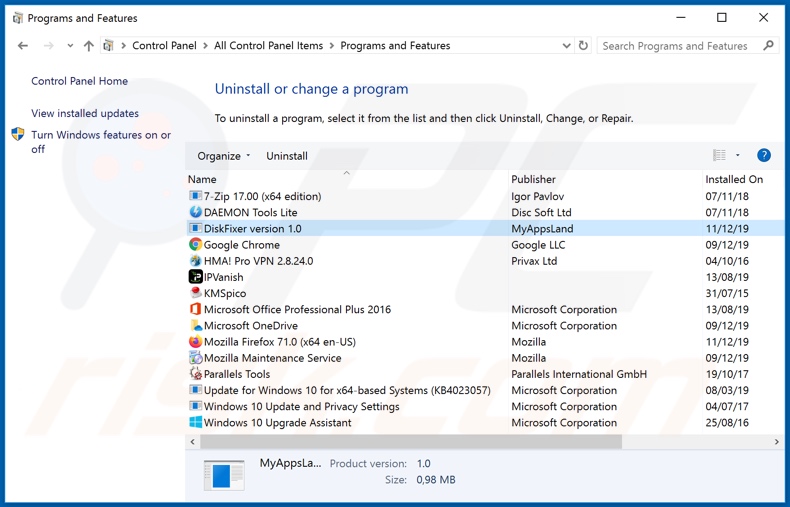 DiskFixer adware uninstall via Control Panel