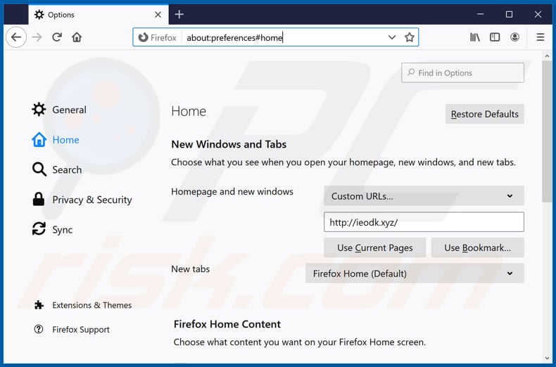 Removing ieodk.xyz from Mozilla Firefox homepage
