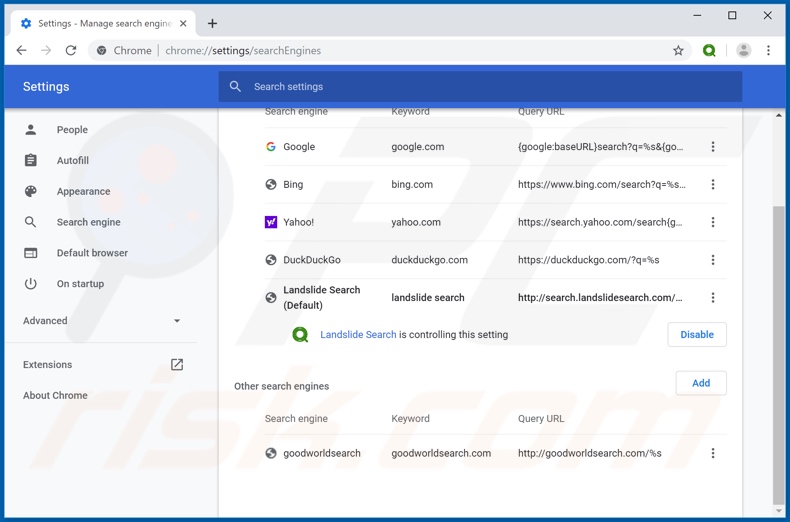 Removing search.landslidesearch.com from Google Chrome default search engine