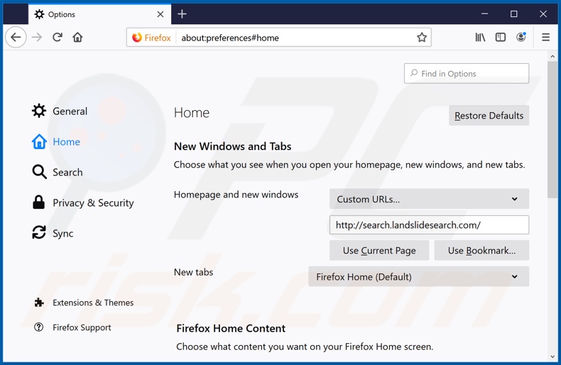 Removing search.landslidesearch.com from Mozilla Firefox homepage