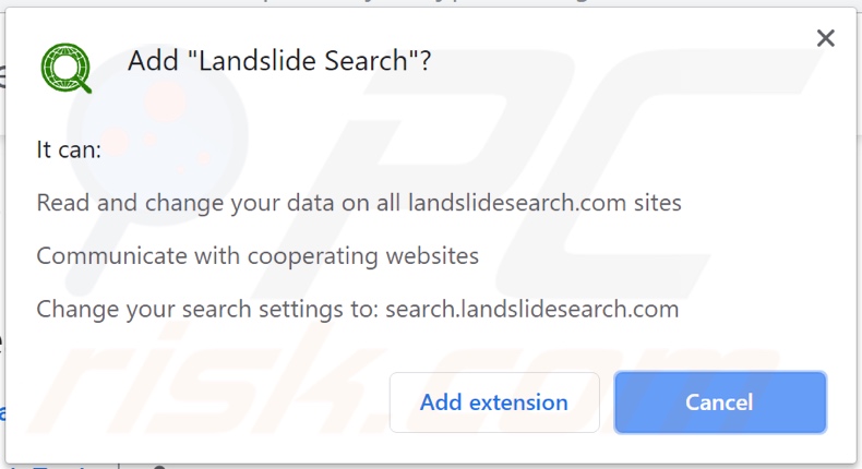 Landslide Search browser hijacker asking for permissions