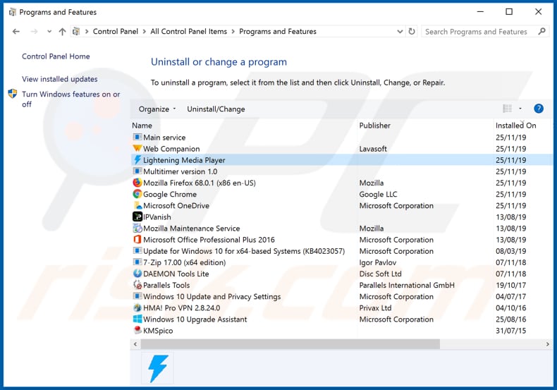 Odinstalowanie adware Lightening Media Player za pomocą Panelu sterowania