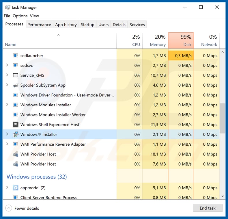 Szkodliwy proces Mispadu o nazwie Instalator Windows