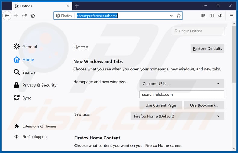 Removing search.relola.com from Mozilla Firefox homepage