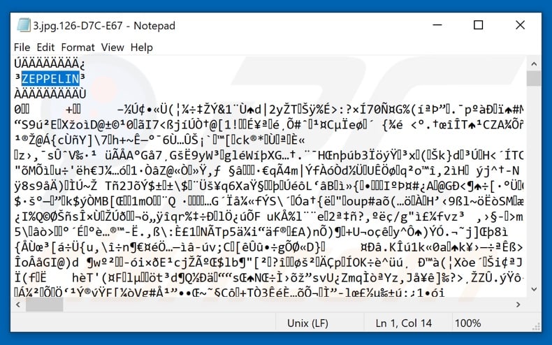 Plik zaszyfrowany przez ransomware ZEPPELIN z dodanym znacznikiem