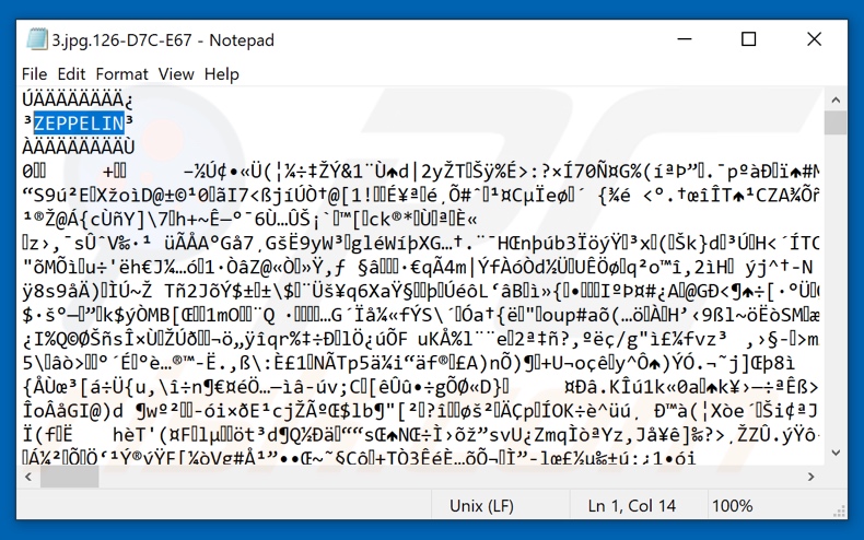 Plik zaszyfrowany przez ransomware ZEPPELIN z dodanym znacznikiem