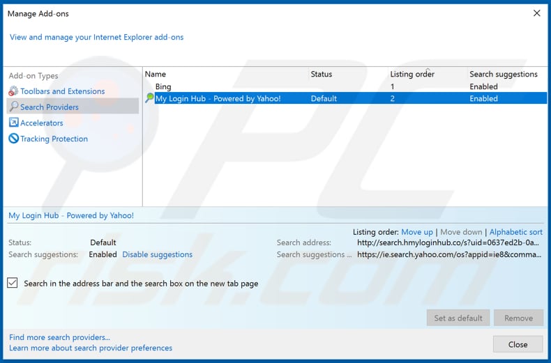Removing hp.hmyloginhub.co from Internet Explorer default search engine