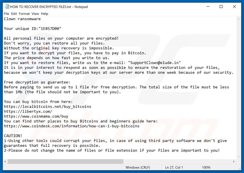 Clown ransomware text file (HOW TO RECOVER ENCRYPTED FILES.txt)