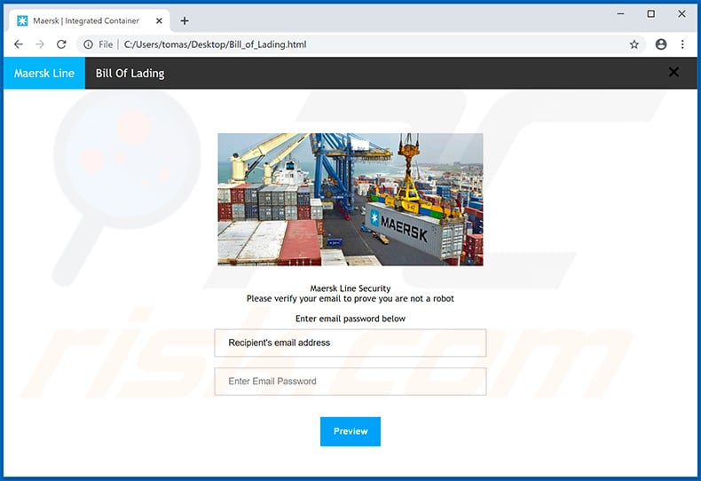 Zwodniczy załącznik użyty w e-mailowej kampanii spamowej Maersk - Bill_of_Lading.html