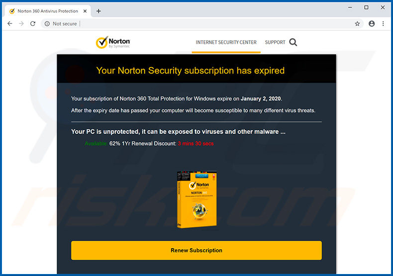 Oszustwo pop-up Norton Subscription Has Expired Today